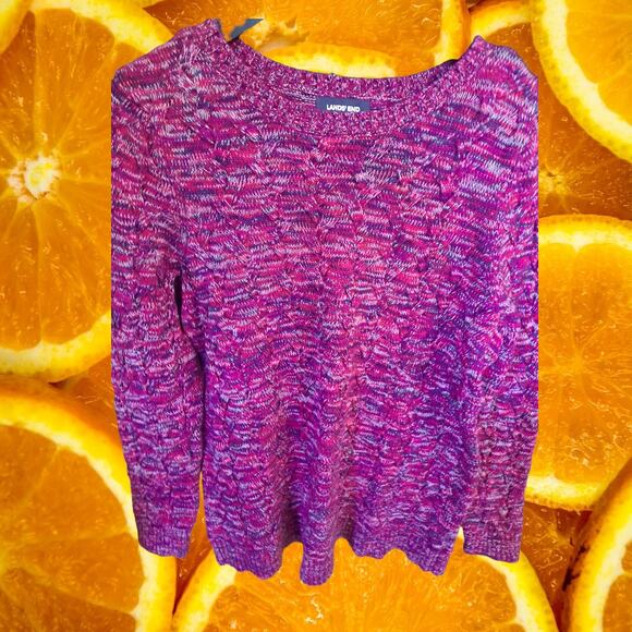Lands End Cable Knit‎ Pink Blue White Marled Sweater 100% Cotton Size Large - Picture 1 of 7